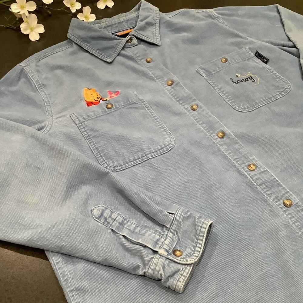 Vintage Disney Pooh & Piglet Corduroy Button Up Shirt Embroidered Distressed